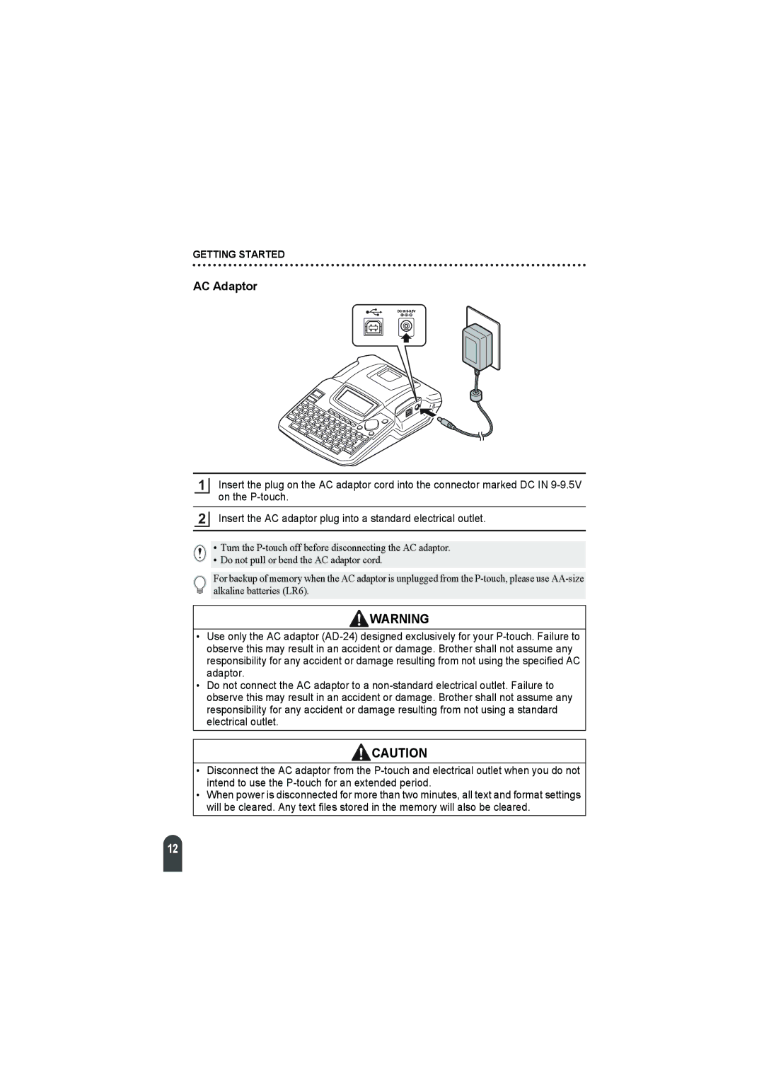 Brother 2100 manual AC Adaptor 