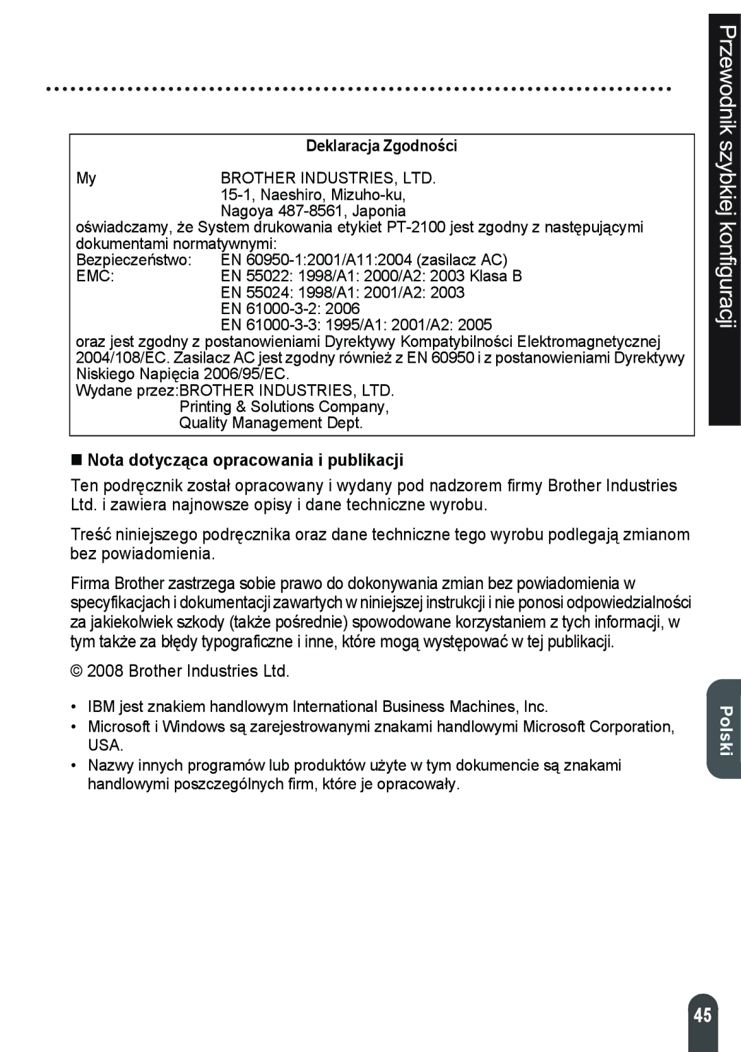 Brother 2100 manual 15-1, Naeshiro, Mizuho-ku, Nagoya 487-8561, Japonia, 2003, „ Nota dotycząca opracowania i publikacji 