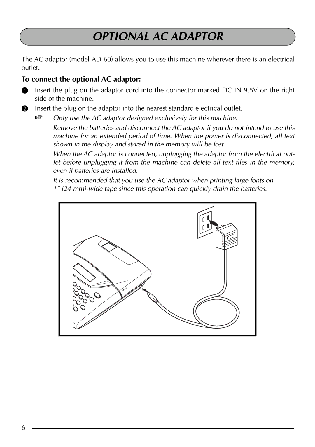 Brother 2200, 2210 manual Optional AC Adaptor, To connect the optional AC adaptor 