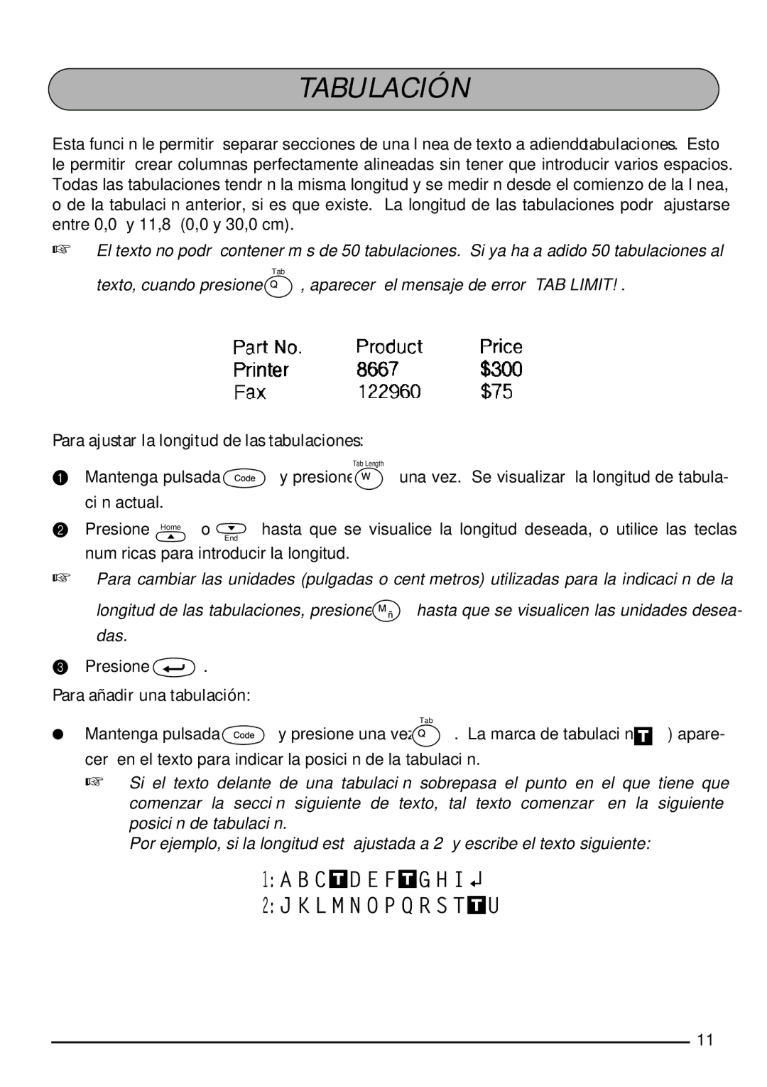 Brother 2210, 2200 manual Tabulación, Para ajustar la longitud de las tabulaciones, Para añadir una tabulación 