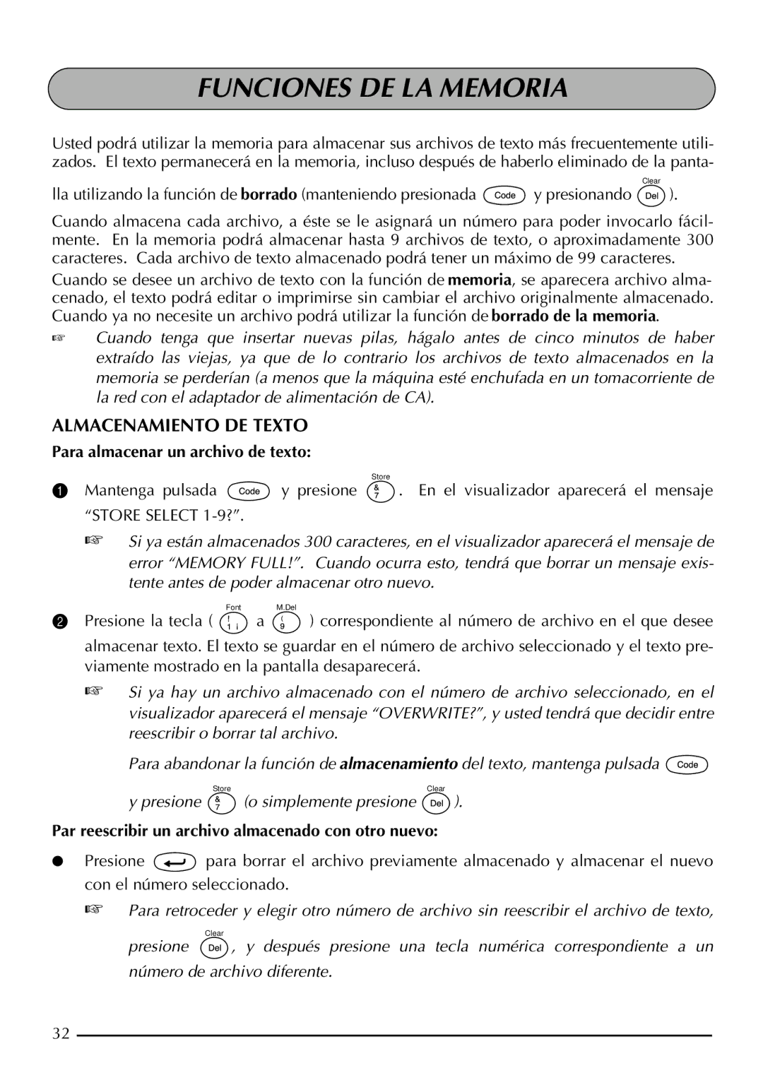 Brother 2200, 2210 manual Funciones DE LA Memoria, Almacenamiento DE Texto, Para almacenar un archivo de texto 