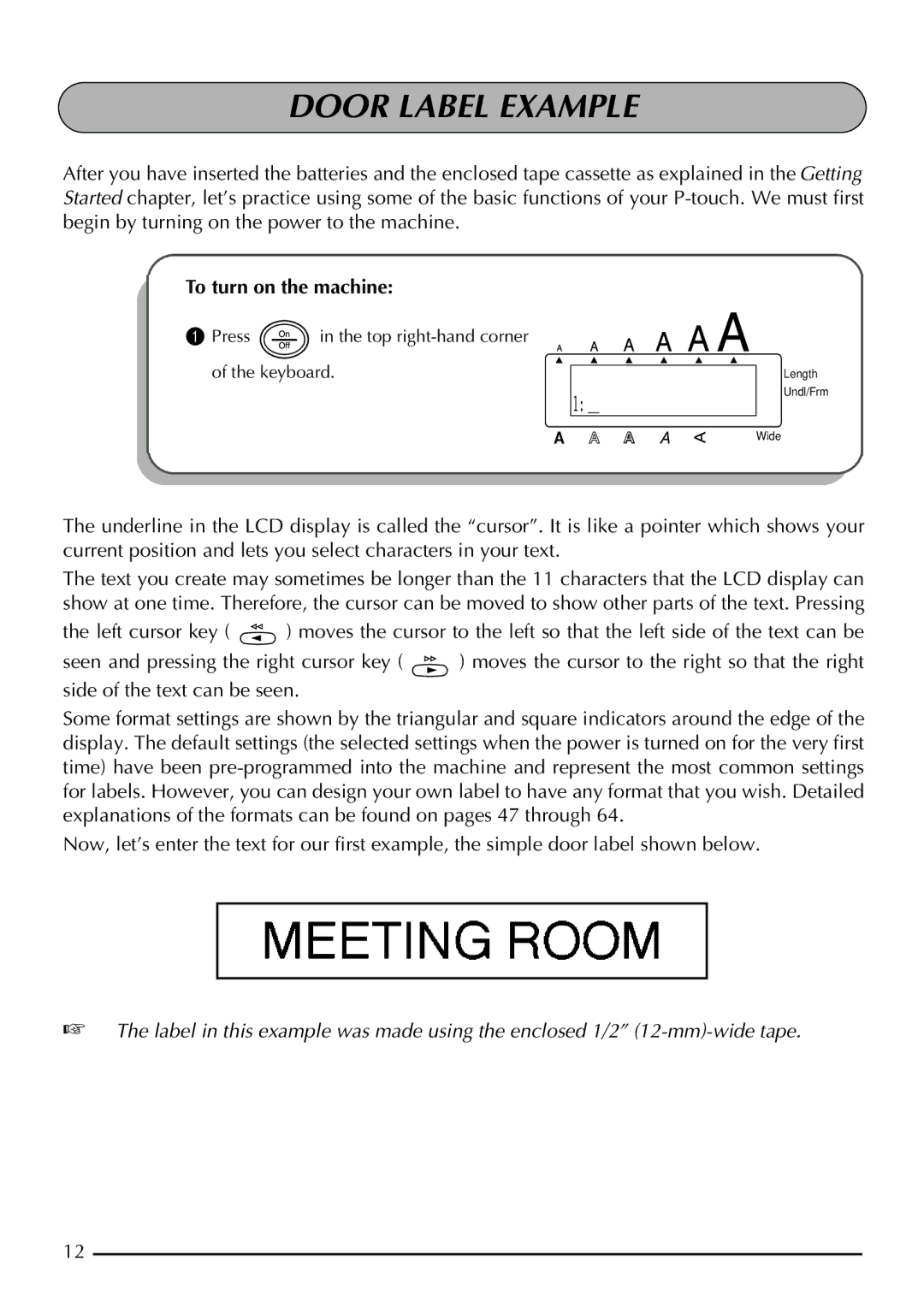 Brother 2200, 2210 manual Door Label Example, To turn on the machine 