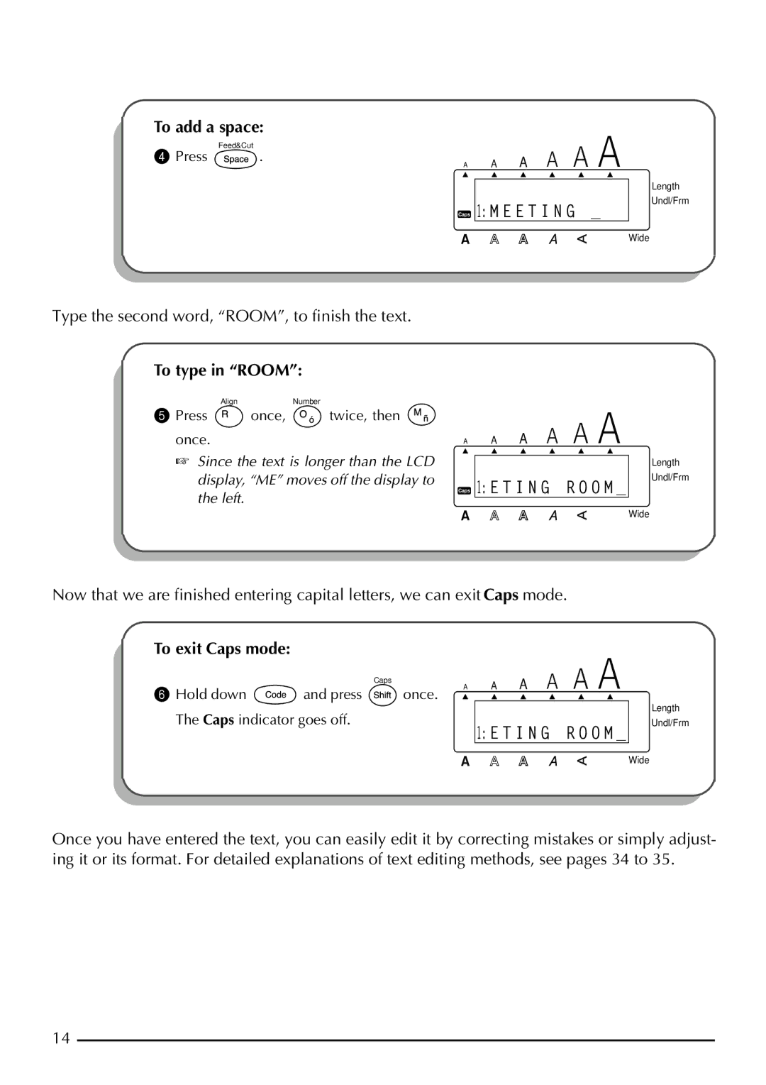 Brother 2200, 2210 manual To add a space, To type in Room, To exit Caps mode 