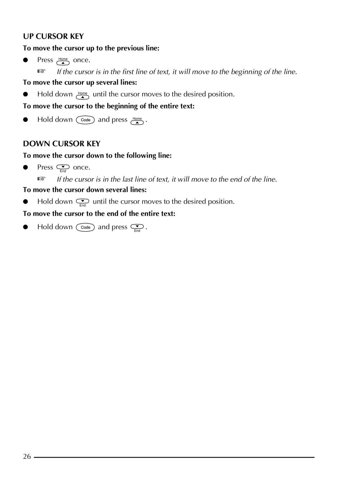 Brother 2200, 2210 manual UP Cursor KEY, Down Cursor KEY 