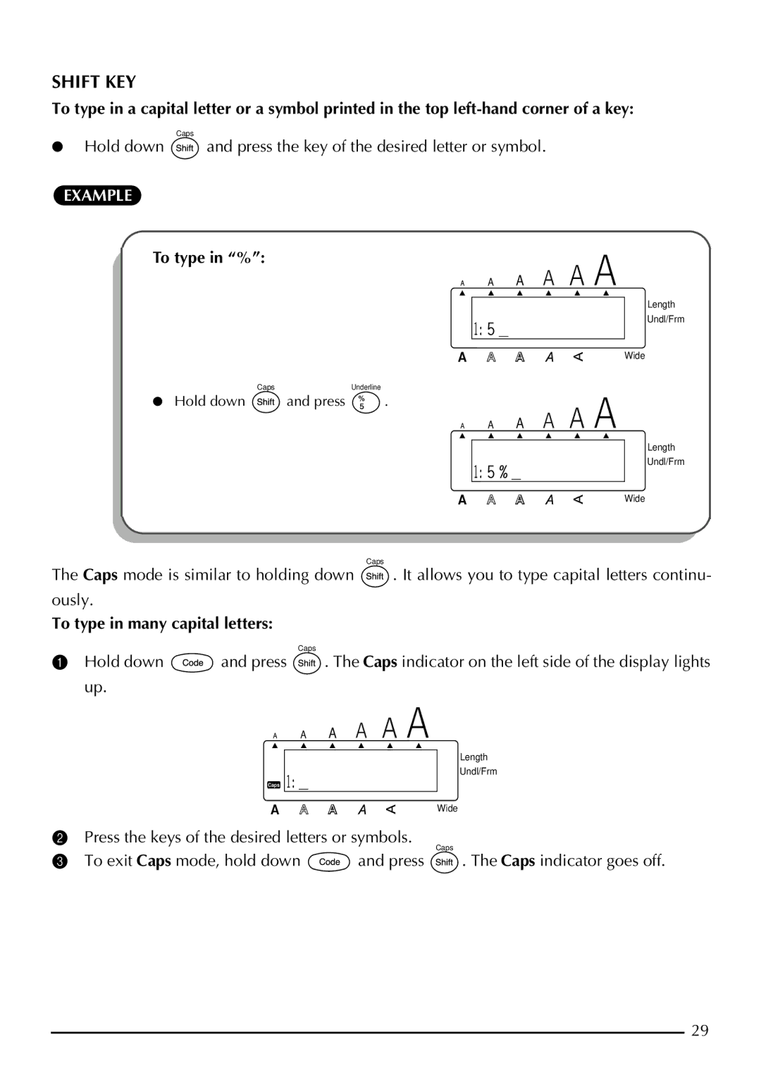 Brother 2210, 2200 manual Shift KEY, To type in %, To type in many capital letters 