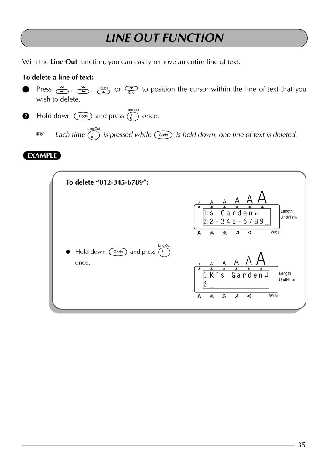 Brother 2210, 2200 manual Line OUT Function, To delete a line of text 