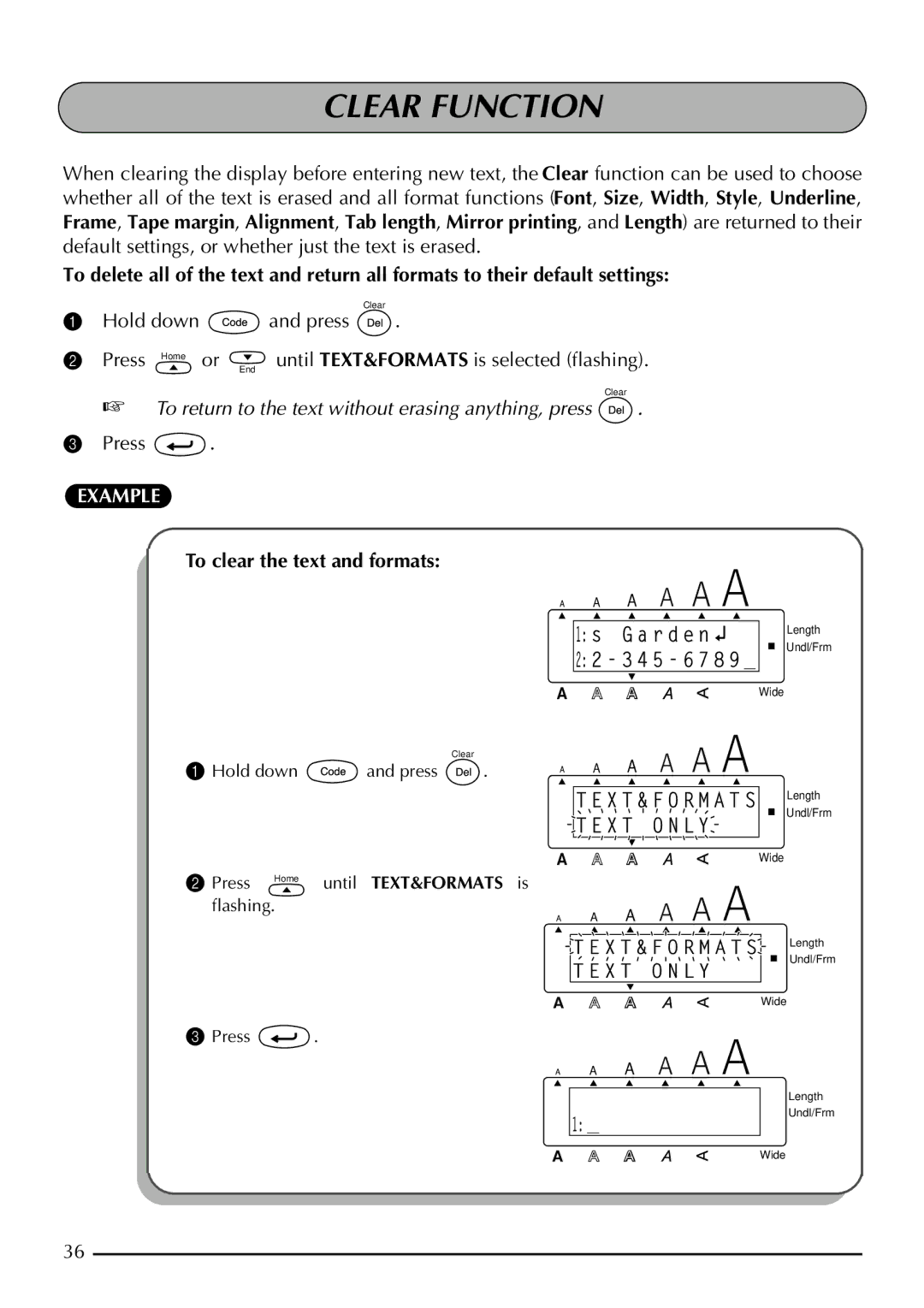 Brother 2200, 2210 manual To clear the text and formats, Clear Function 