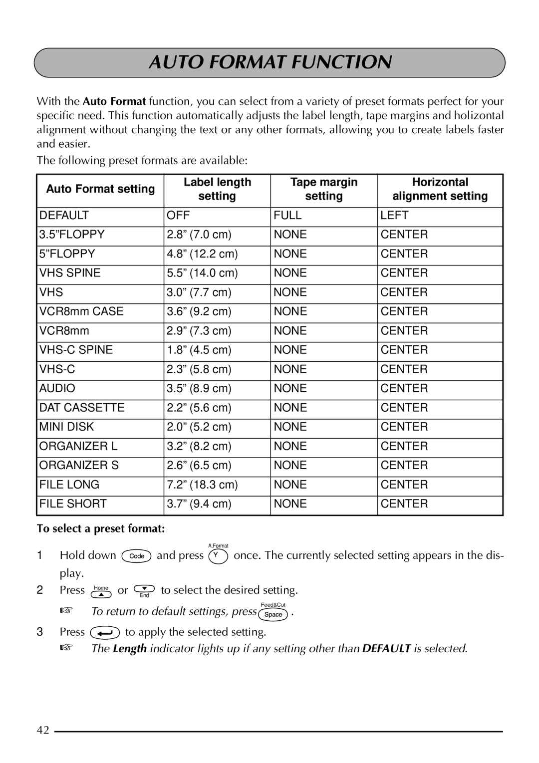 Brother 2200, 2210 manual Auto Format Function, To select a preset format 