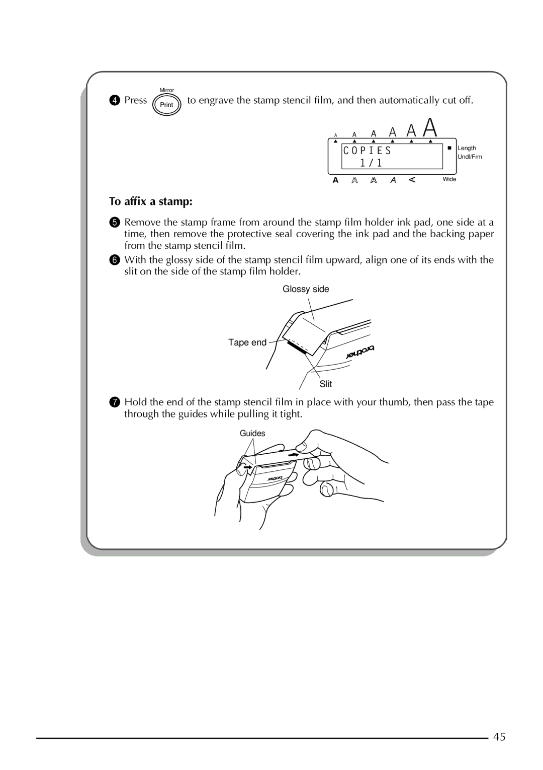 Brother 2210, 2200 manual To afﬁx a stamp 