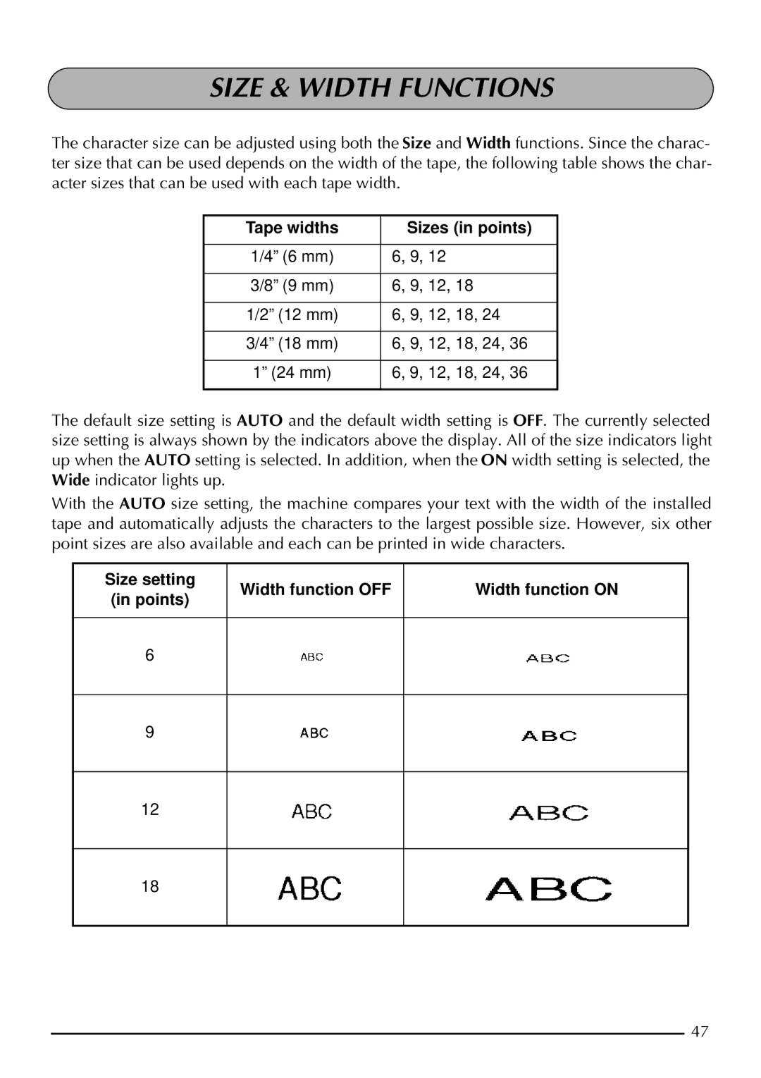 Brother 2210, 2200 manual Size & Width Functions, Tape widths Sizes in points 