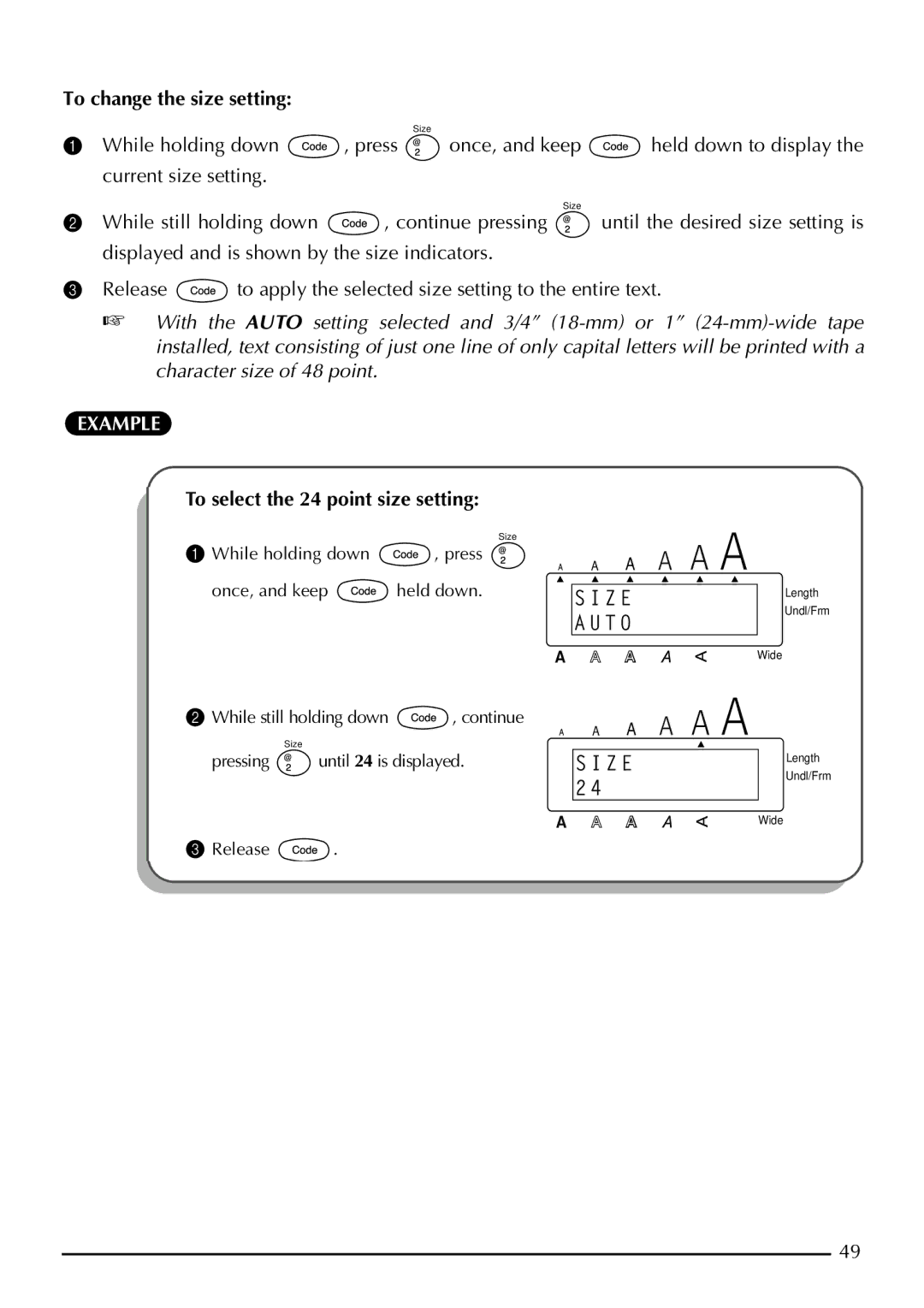 Brother 2210, 2200 manual To change the size setting, To select the 24 point size setting 