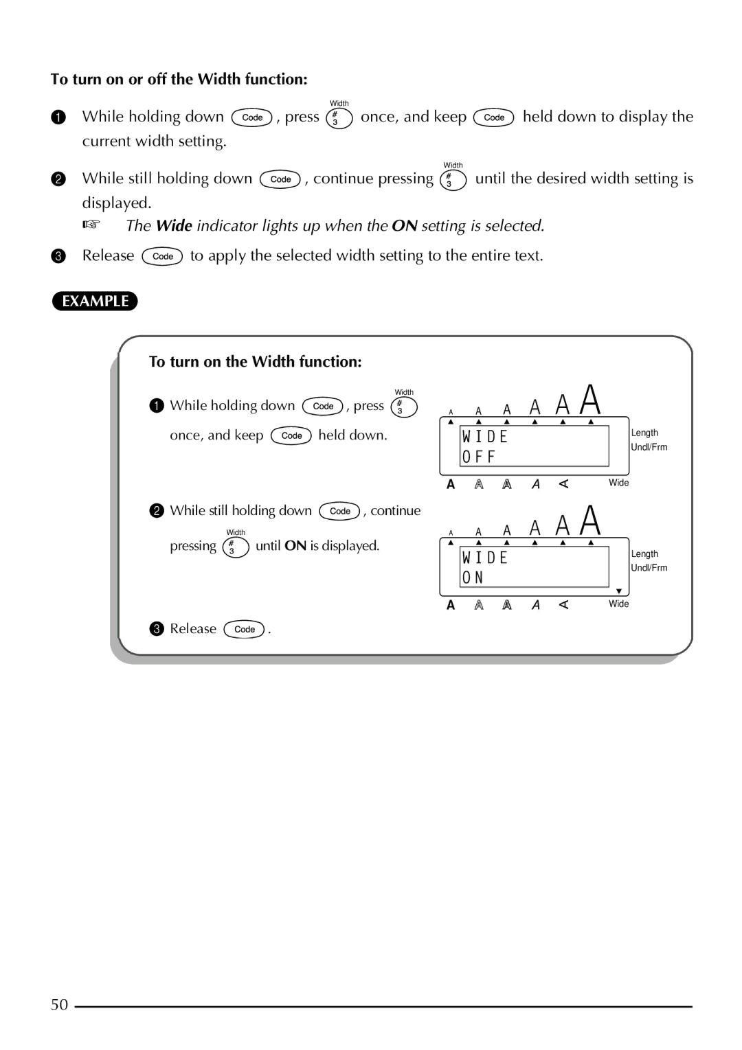 Brother 2200, 2210 manual To turn on or off the Width function, To turn on the Width function 