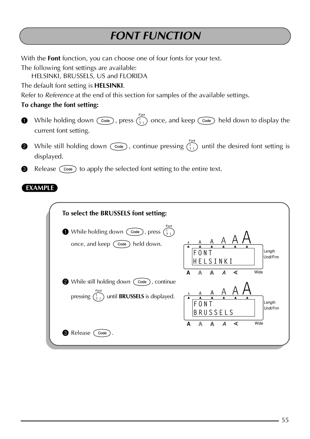 Brother 2210, 2200 manual Font Function, To change the font setting 