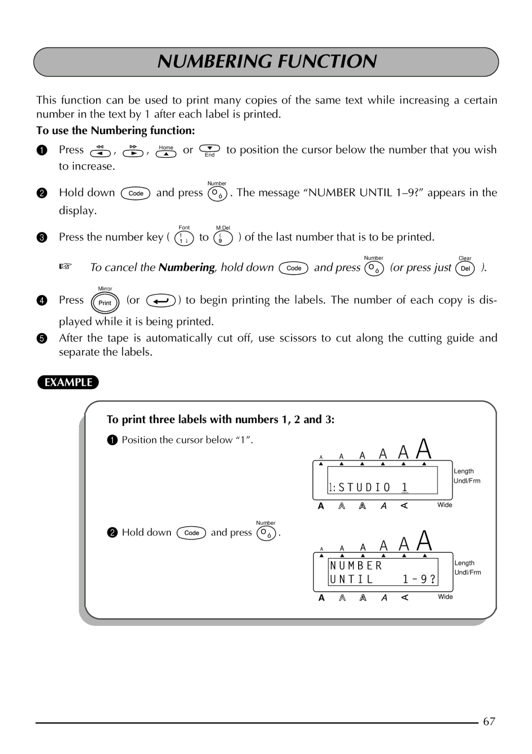 Brother 2210, 2200 manual Numbering Function, To use the Numbering function, To print three labels with numbers 1, 2 