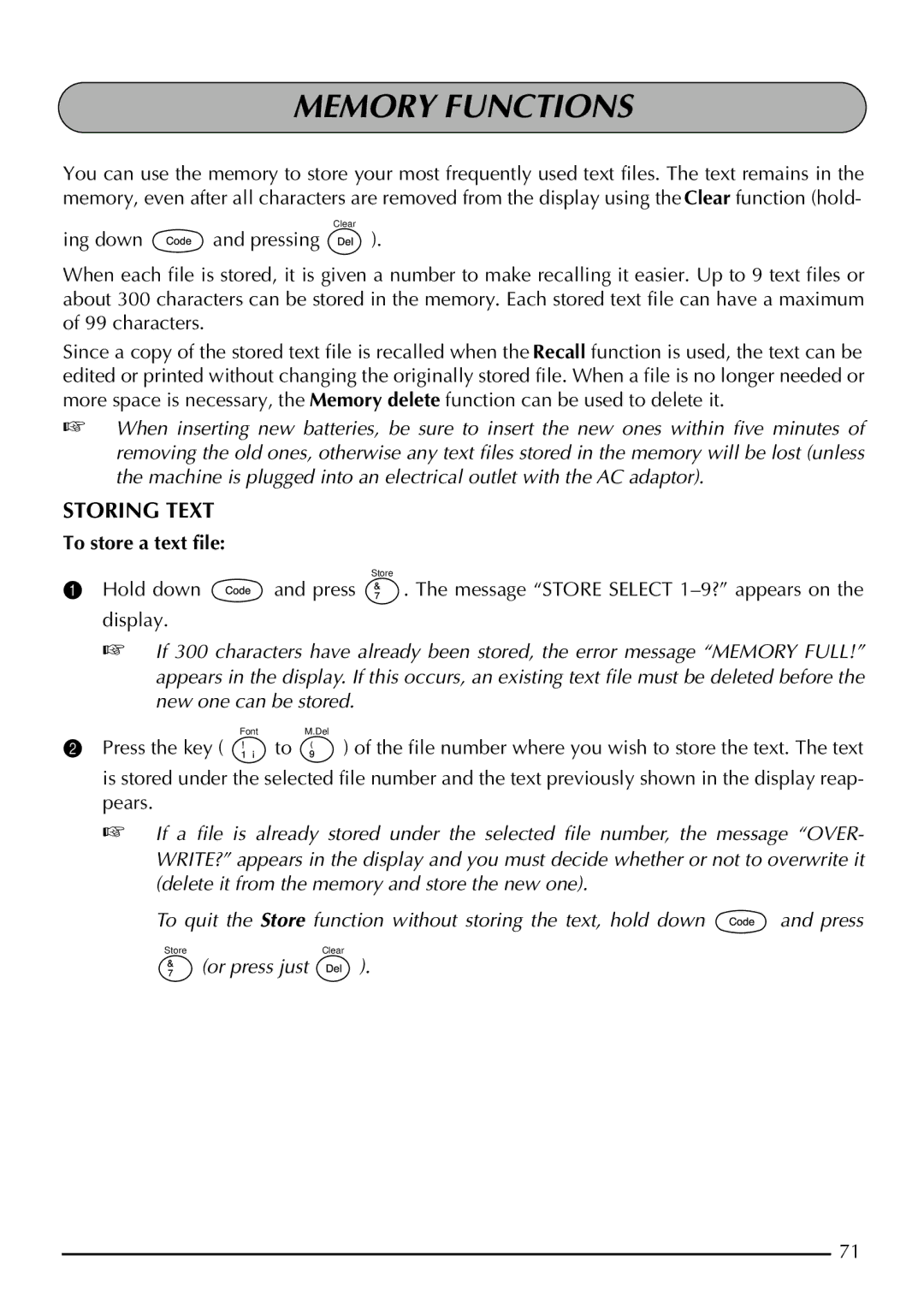 Brother 2210, 2200 manual Memory Functions, Storing Text, To store a text file 