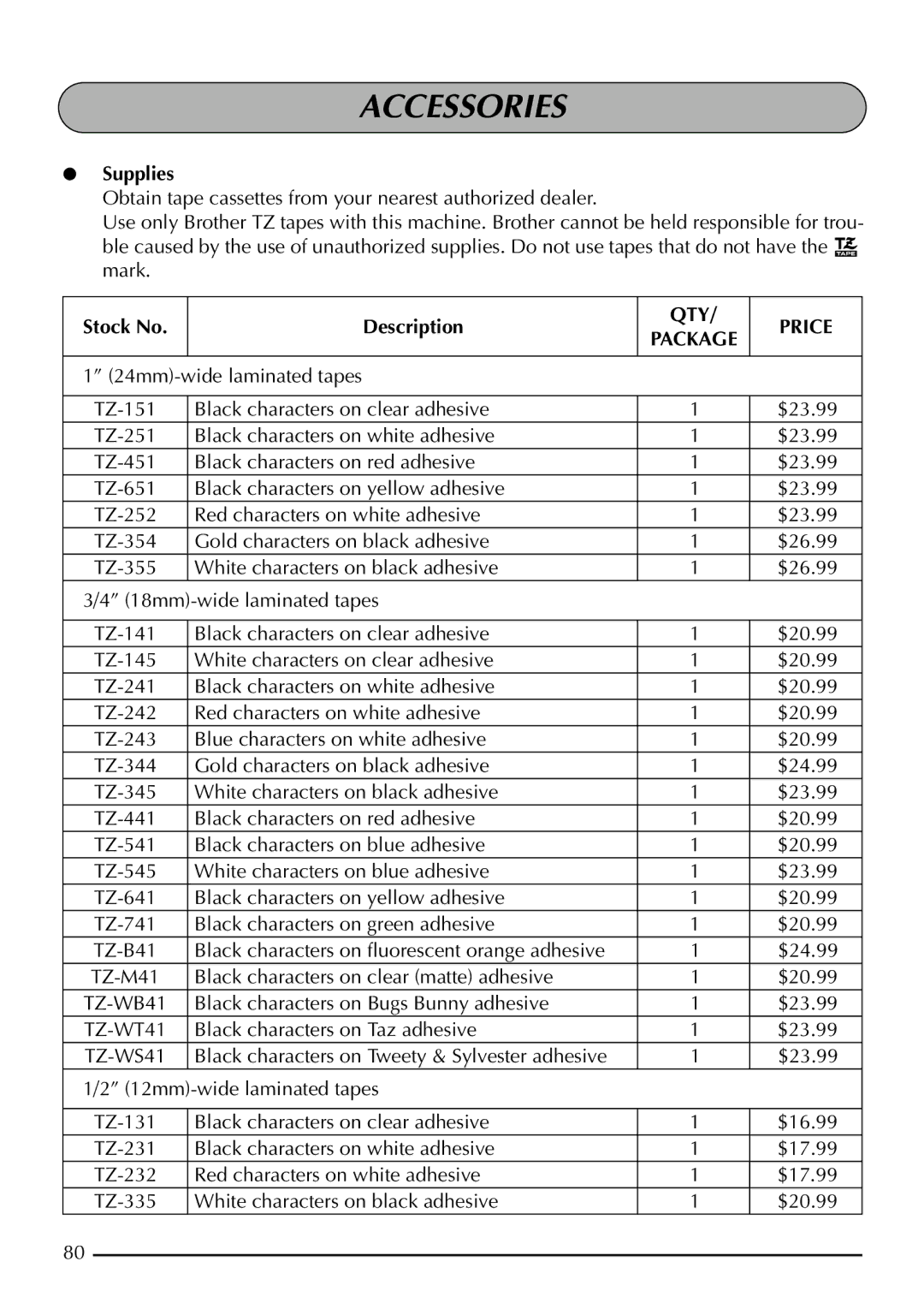 Brother 2200, 2210 manual Accessories, Supplies, Stock No Description 