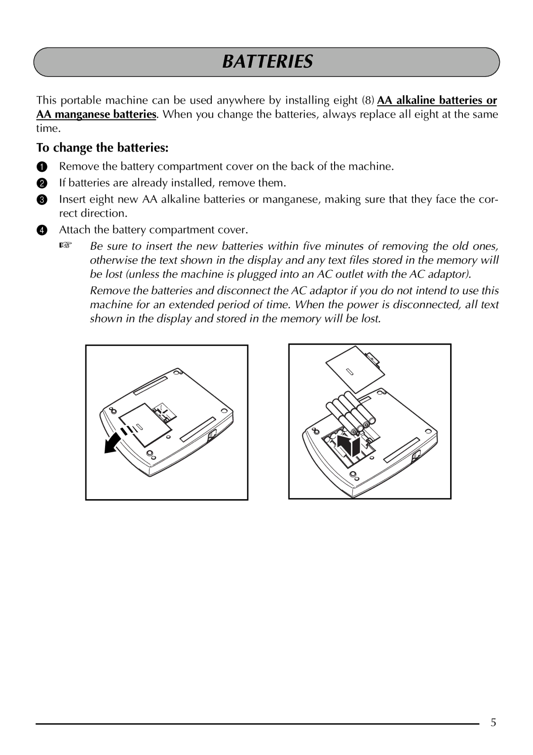 Brother 2210, 2200 manual Batteries, To change the batteries 