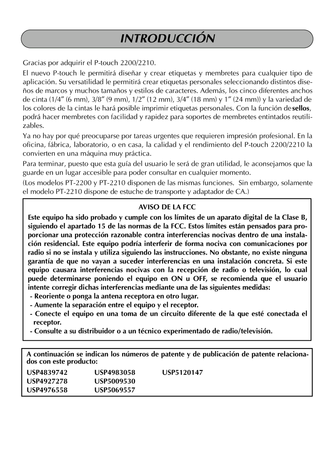 Brother 2200, 2210 manual Introducción, USP4927278 USP5009530 USP4976558 USP5069557 