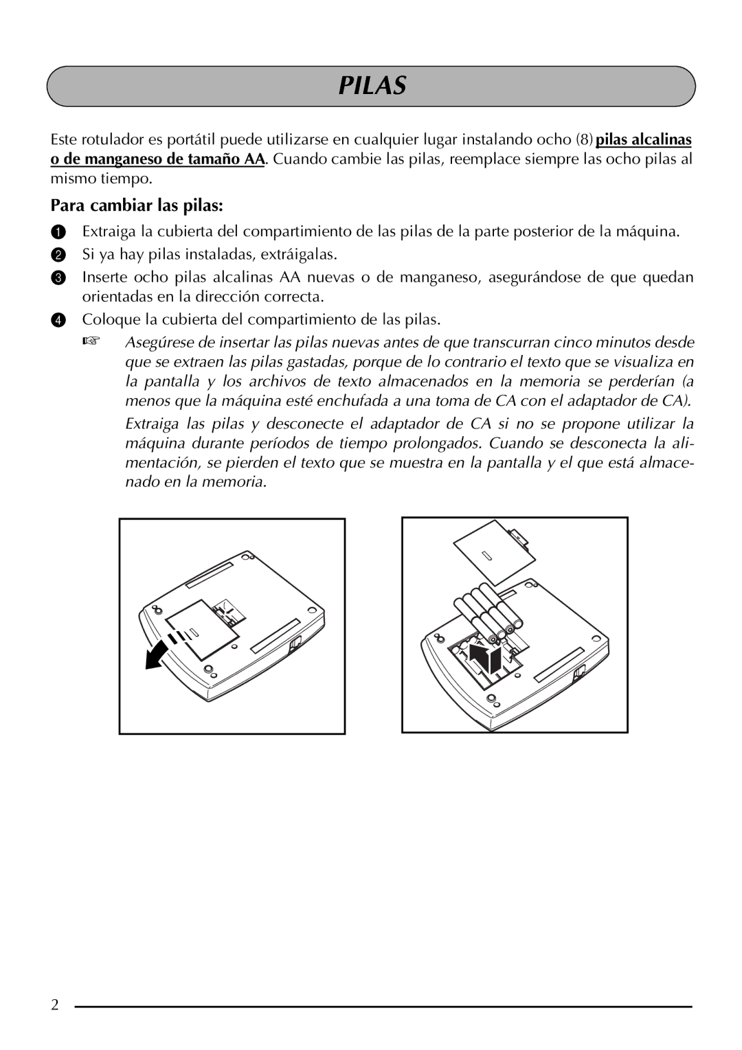 Brother 2200, 2210 manual Pilas, Para cambiar las pilas 