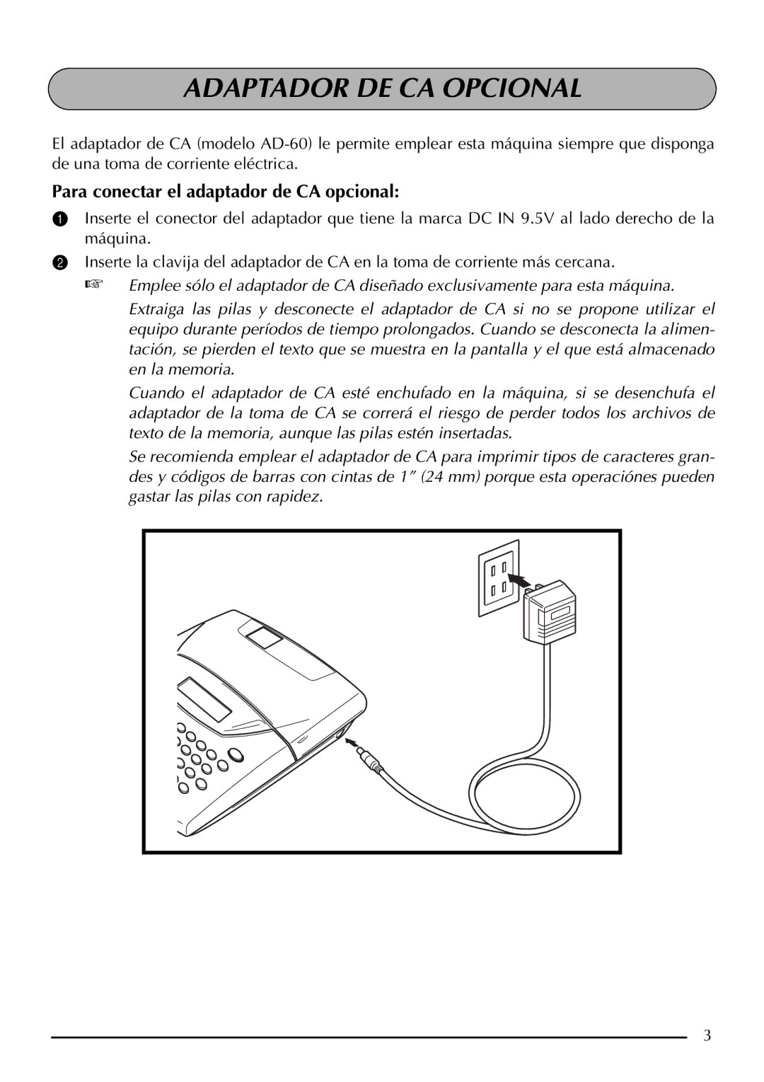 Brother 2210, 2200 manual Adaptador DE CA Opcional, Para conectar el adaptador de CA opcional 