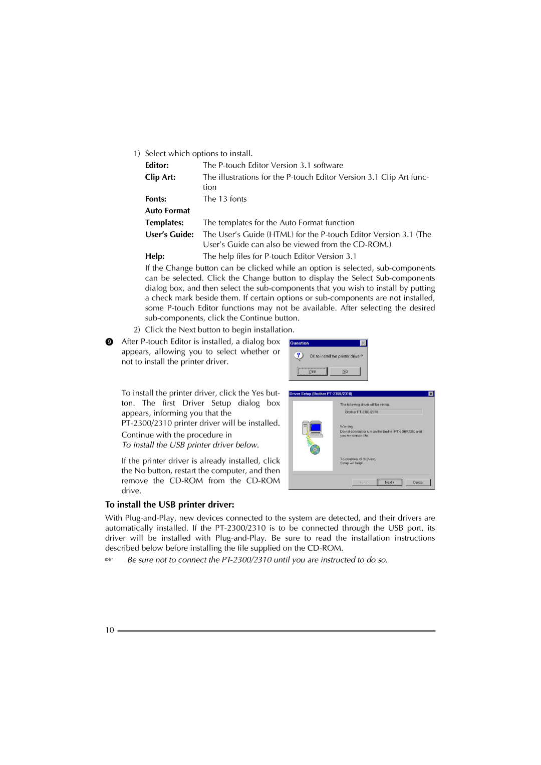 Brother 2300 manual To install the USB printer driver 