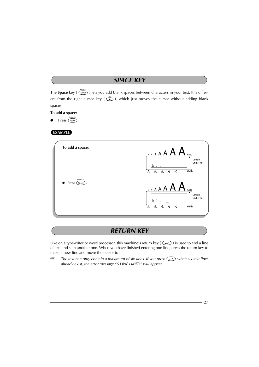 Brother 2300 manual Space KEY, Return KEY, To add a space 