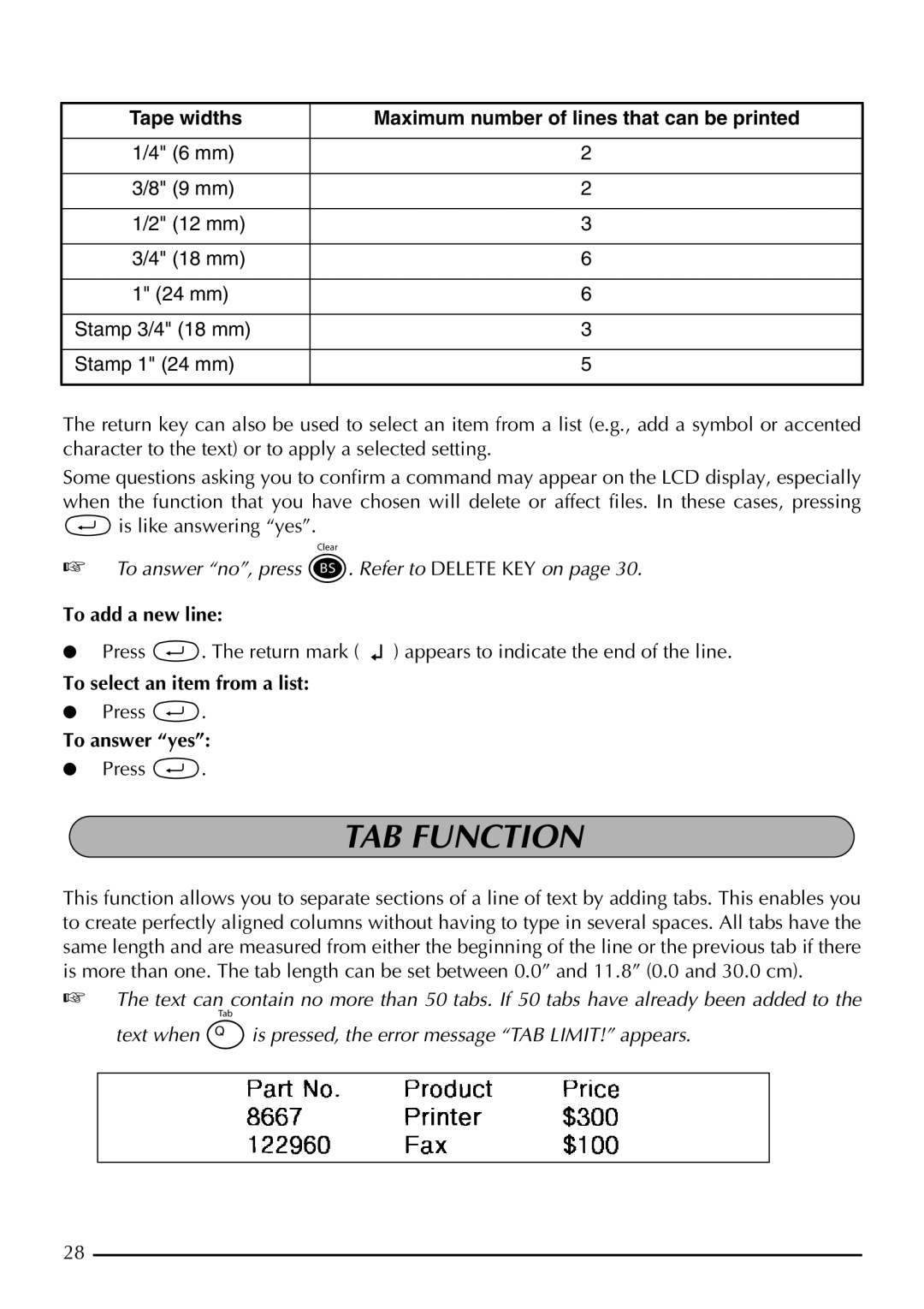 Brother 2300 manual TAB Function, Tape widths Maximum number of lines that can be printed, To add a new line, To answer yes 