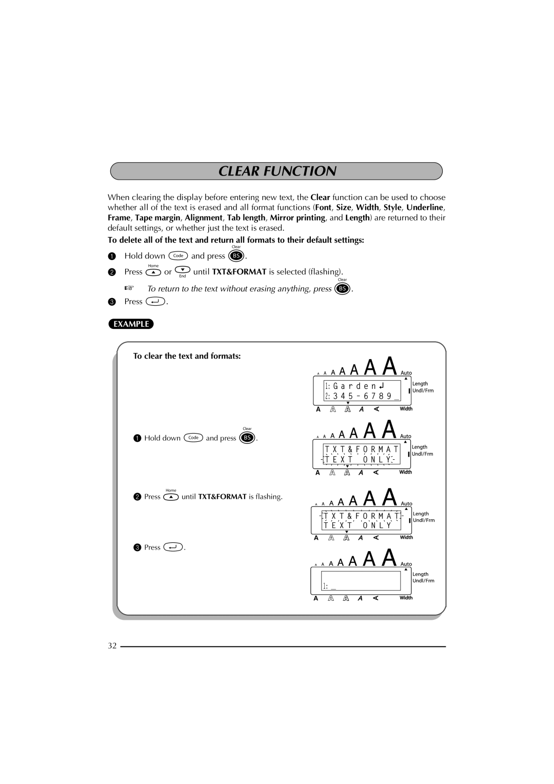 Brother 2300 manual Clear Function, To clear the text and formats 