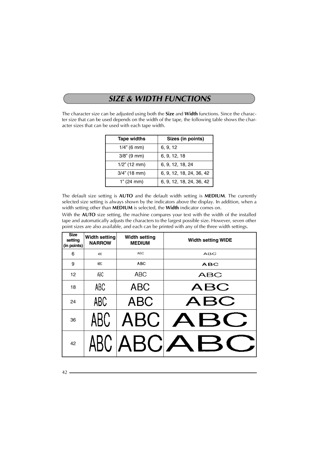 Brother 2300 manual Size & Width Functions, Tape widths Sizes in points, Width setting Width setting Wide 