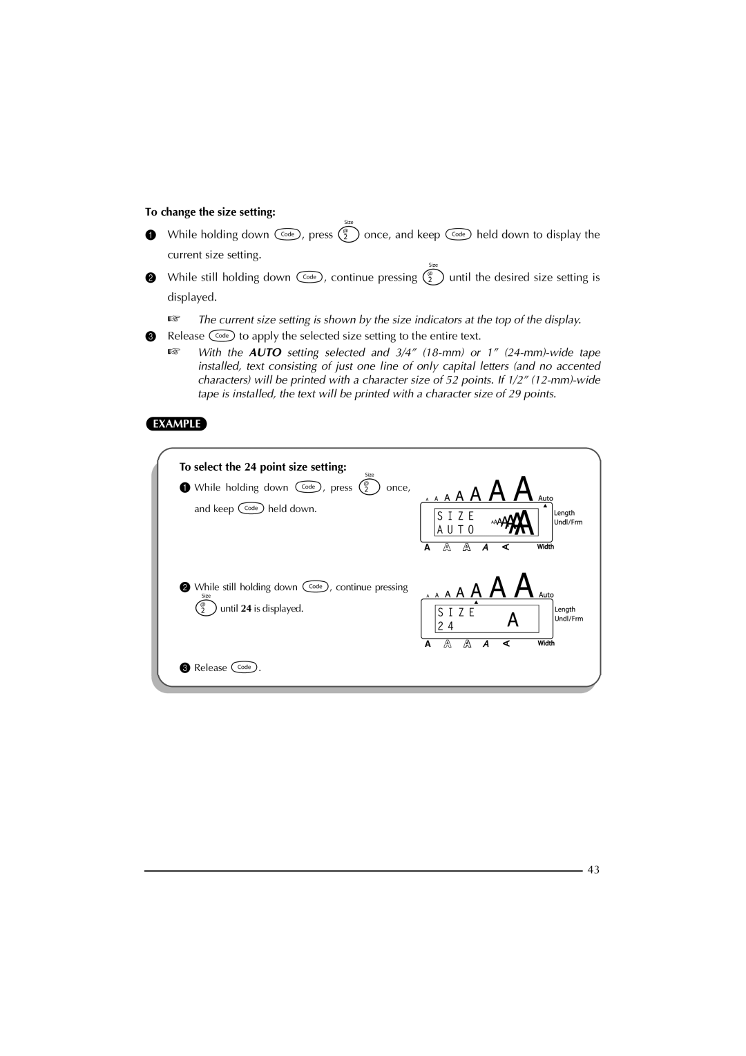 Brother 2300 manual To change the size setting, To select the 24 point size setting 