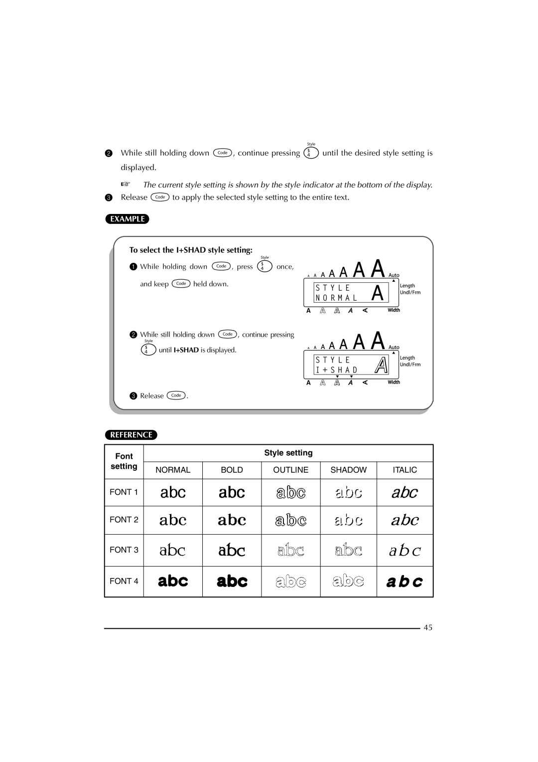 Brother 2300 manual To select the I+SHAD style setting, Font Style setting Setting 