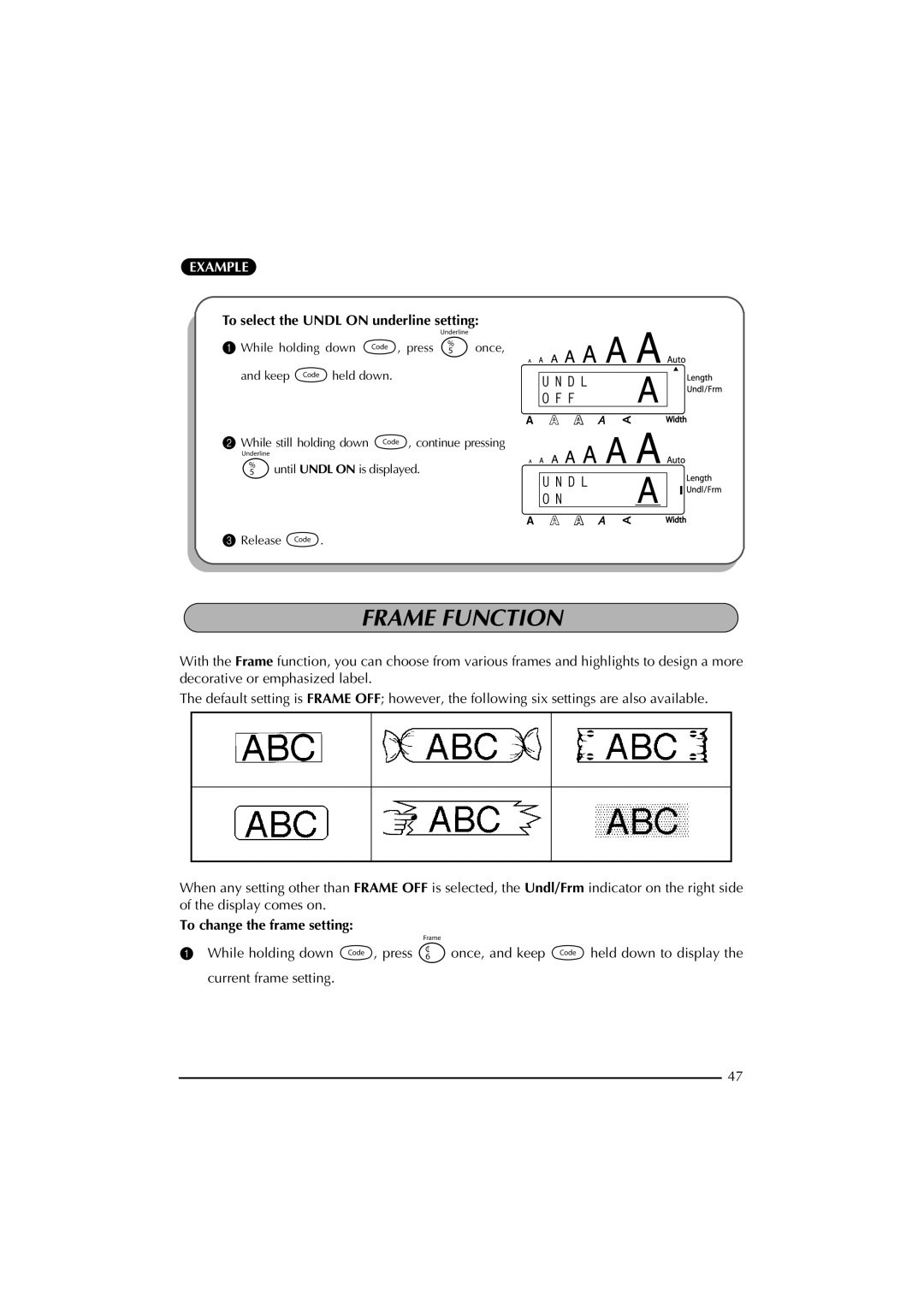 Brother 2300 manual Frame Function, To select the Undl on underline setting, To change the frame setting 