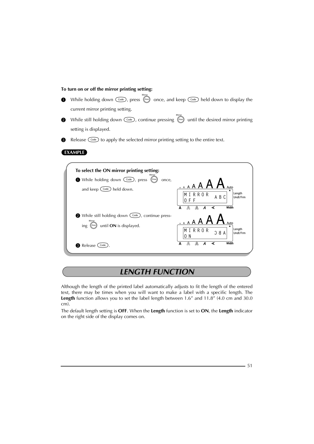 Brother 2300 Length Function, To turn on or off the mirror printing setting, To select the on mirror printing setting 