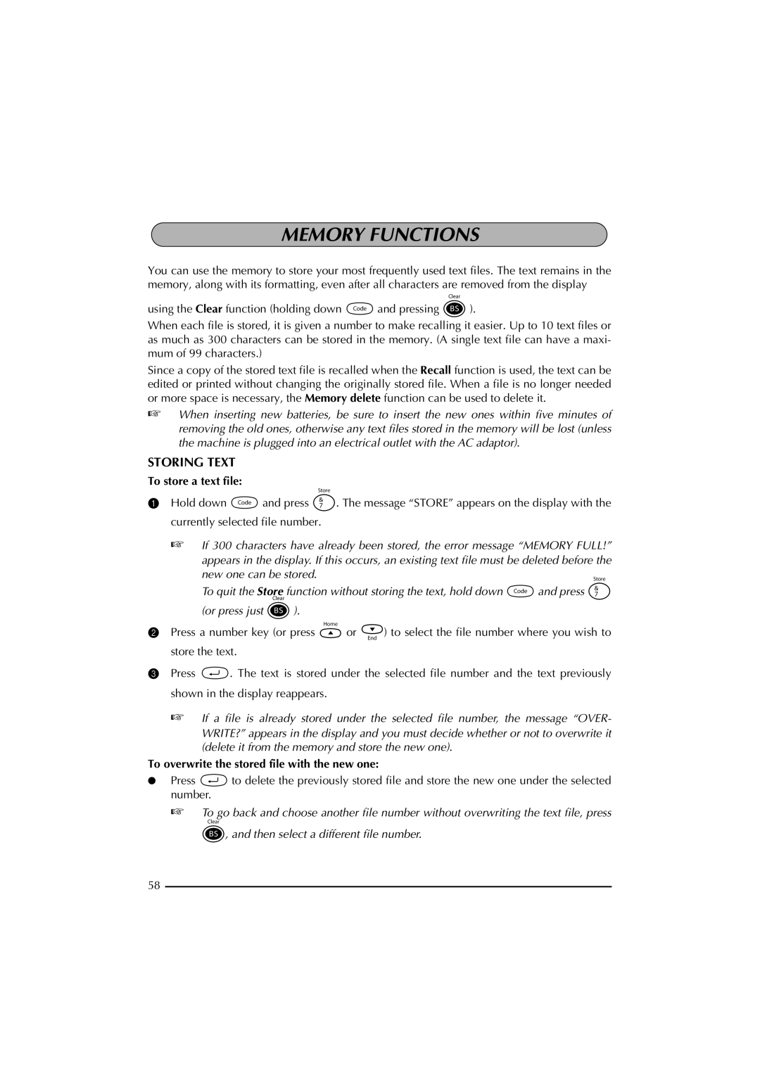 Brother 2300 manual Memory Functions, Storing Text, To store a text file, To overwrite the stored file with the new one 
