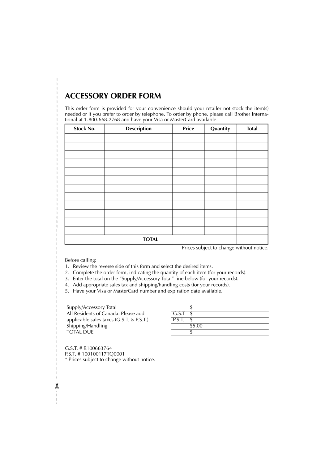 Brother 2300 manual Accessory Order Form, Stock No Description Price Quantity Total 