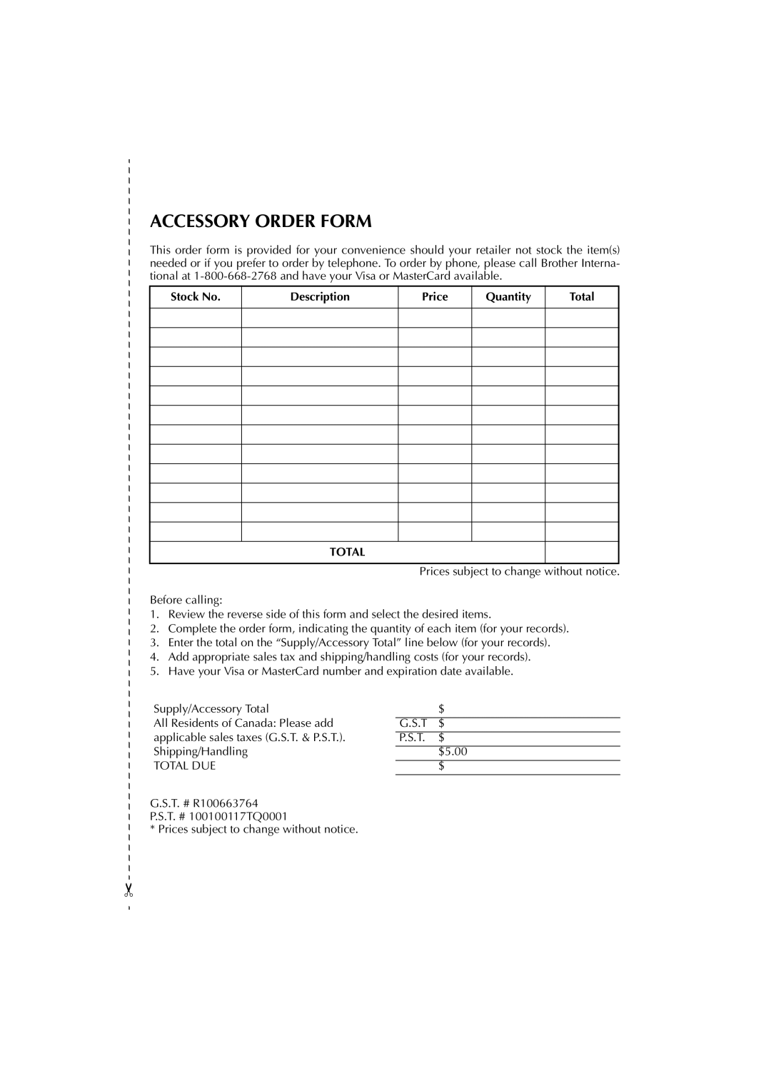 Brother 2300 manual Accessory Order Form 