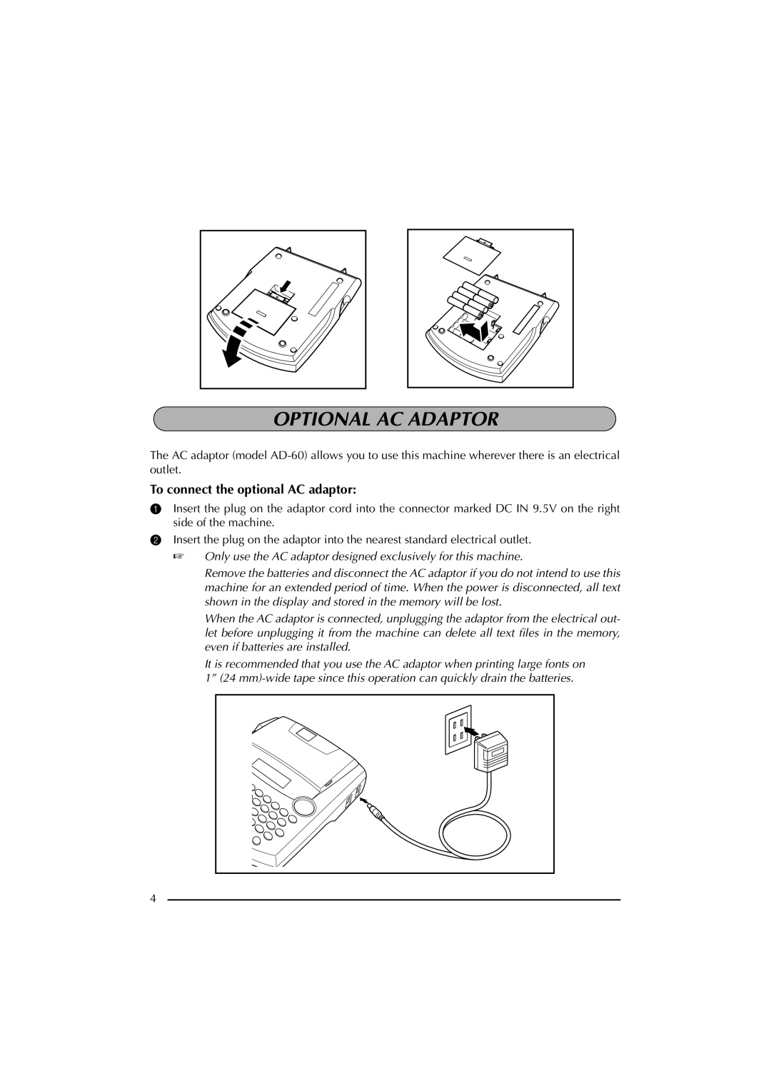 Brother 2300 manual Optional AC Adaptor, To connect the optional AC adaptor 