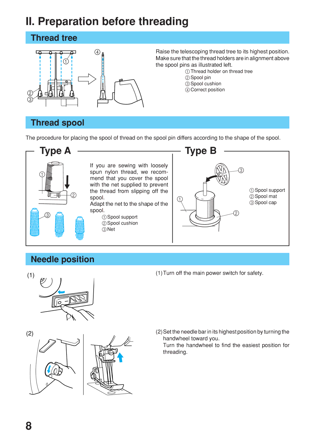 Brother 2340CV operation manual II. Preparation before threading, Thread tree, Thread spool, Needle position 