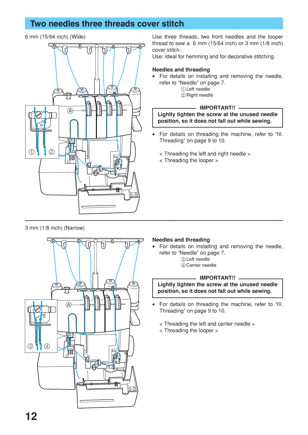 Brother 2340CV operation manual Two needles three threads cover stitch, Needles and threading 