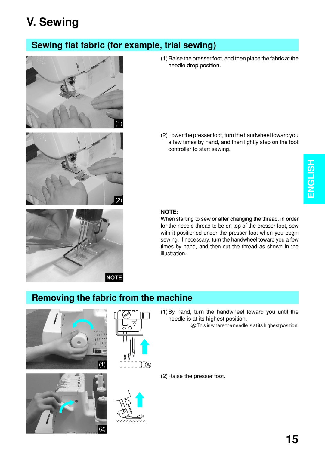 Brother 2340CV operation manual Sewing flat fabric for example, trial sewing, Removing the fabric from the machine 