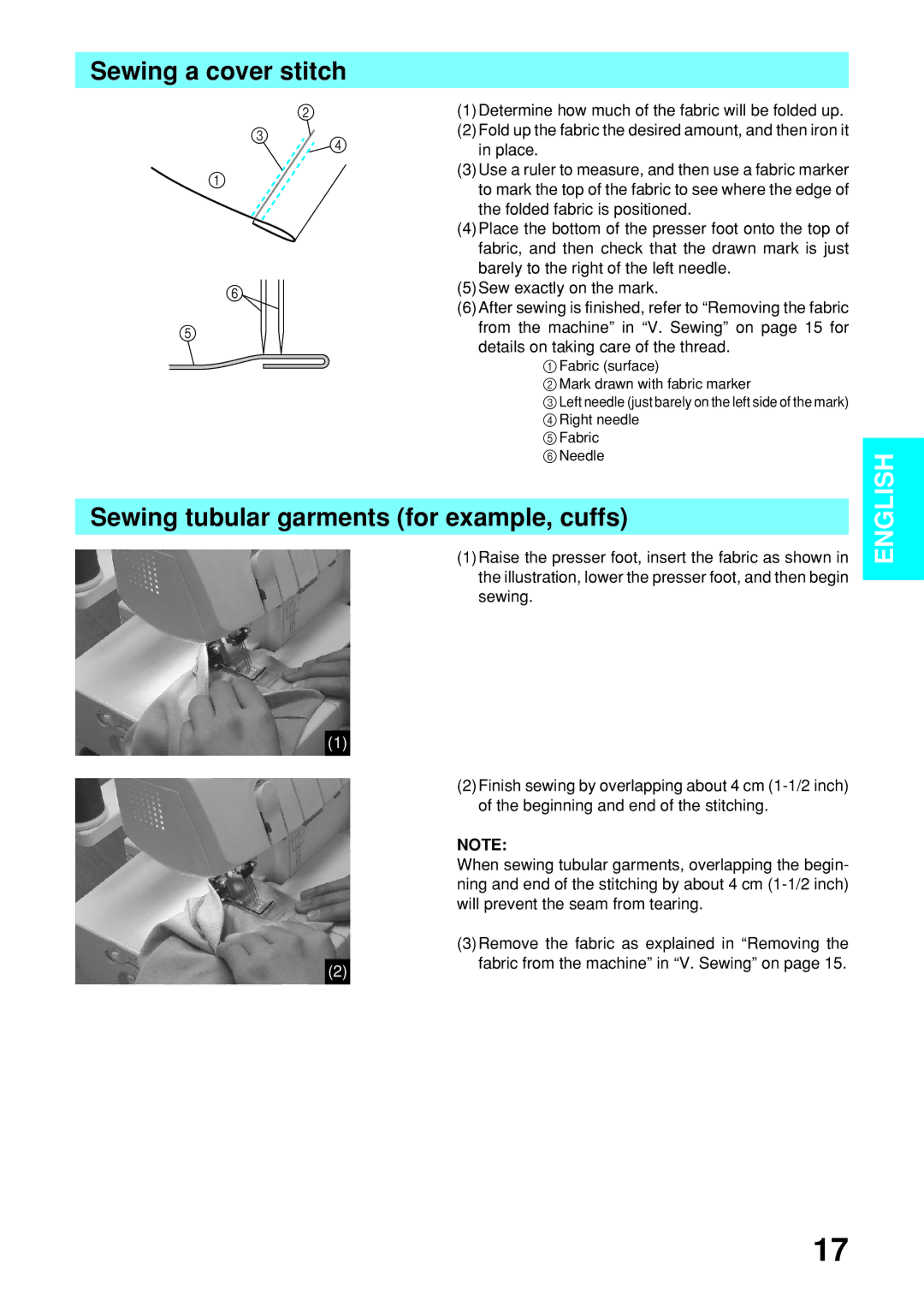 Brother 2340CV Sewing a cover stitch, Sewing tubular garments for example, cuffs, Beginning and end of the stitching 