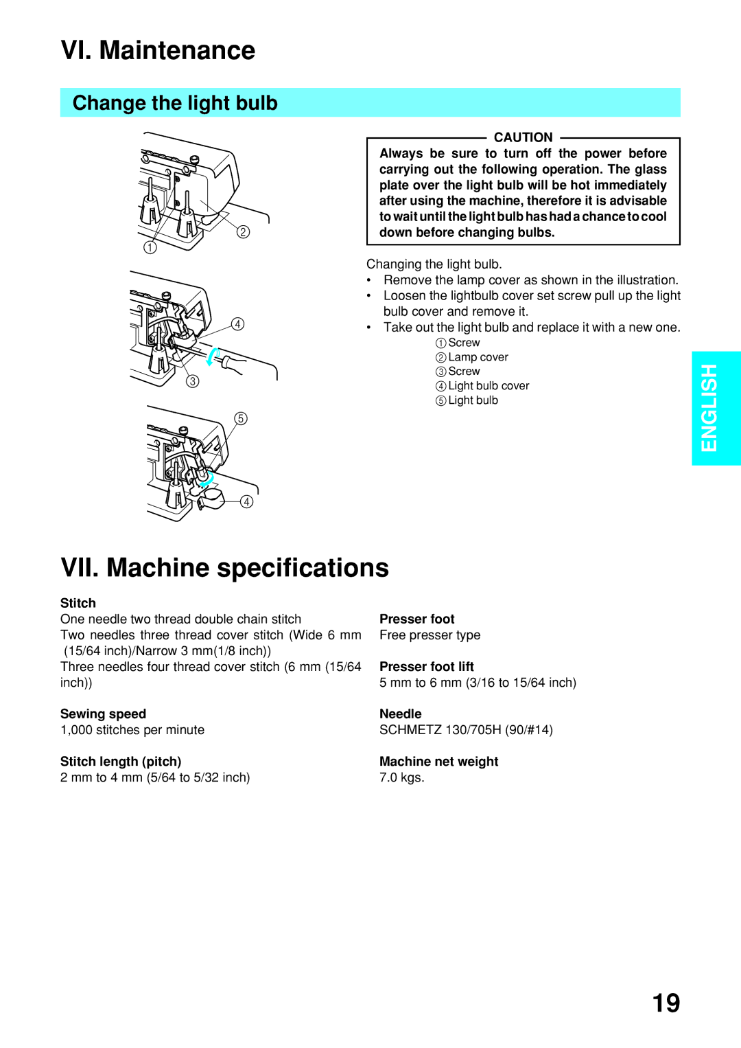 Brother 2340CV operation manual VI. Maintenance, VII. Machine specifications, Change the light bulb 