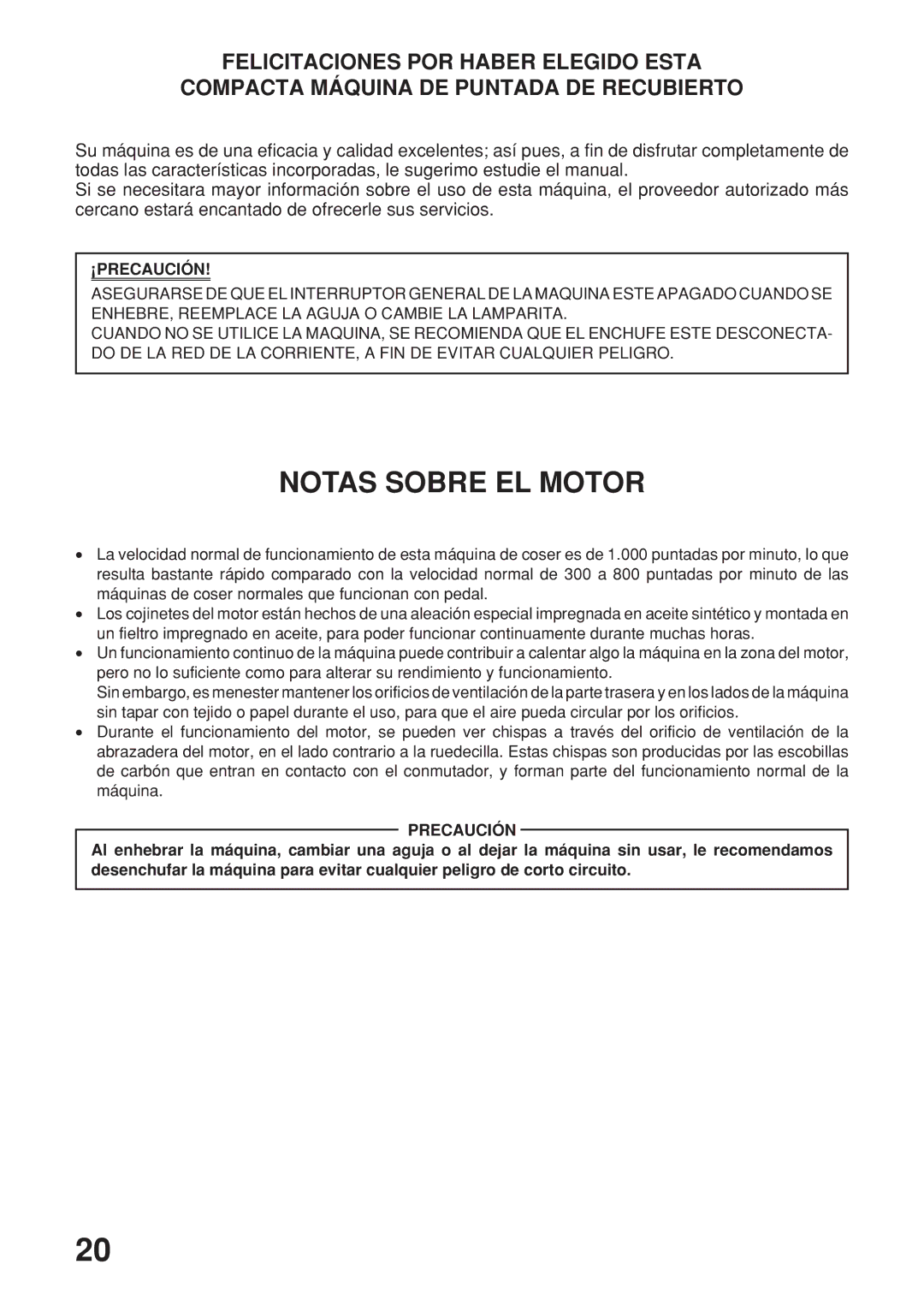 Brother 2340CV operation manual Notas Sobre EL Motor 