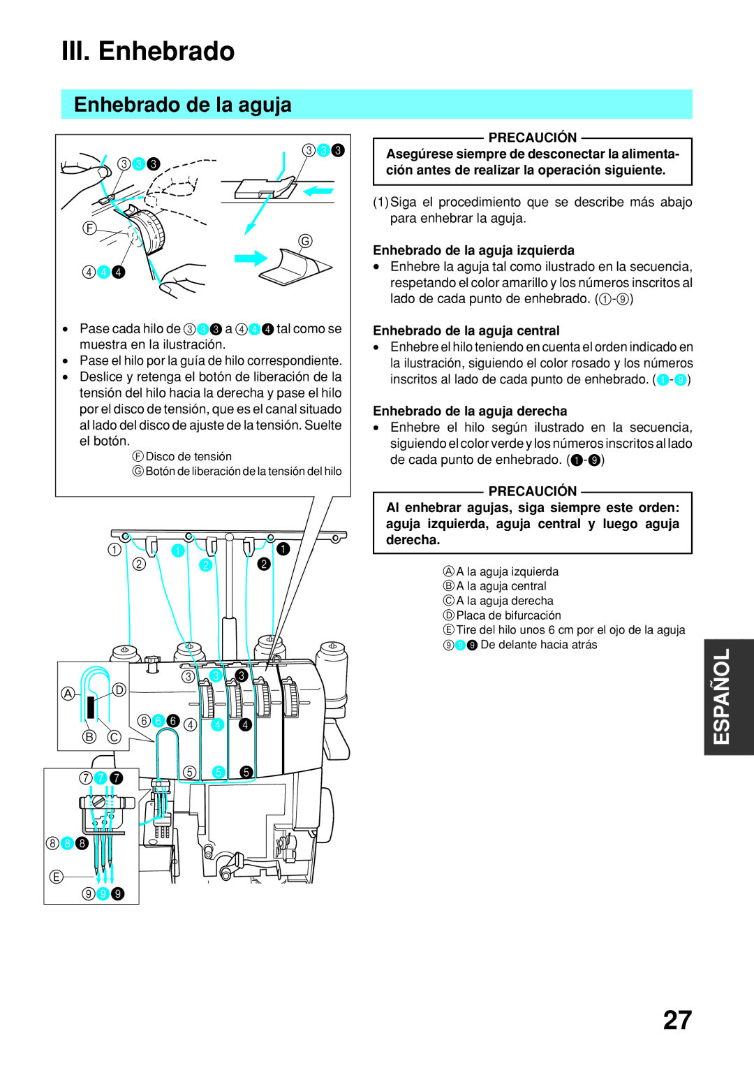 Brother 2340CV operation manual III. Enhebrado, Enhebrado de la aguja izquierda, Enhebrado de la aguja central 