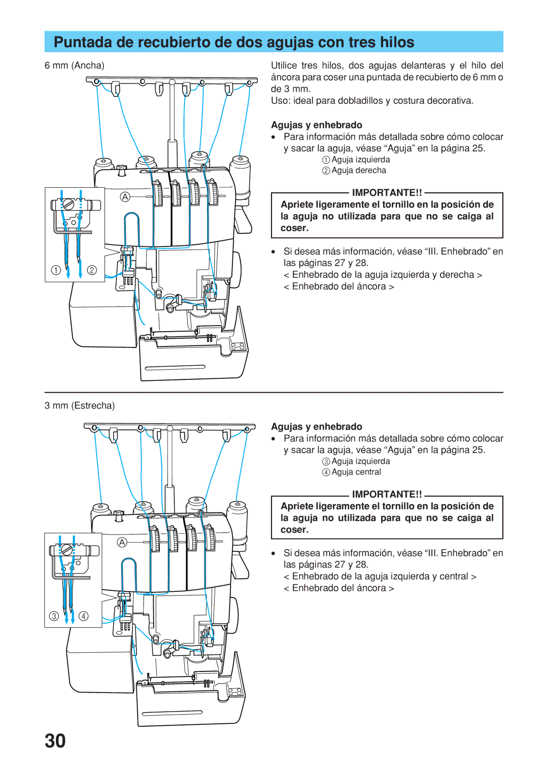 Brother 2340CV operation manual Puntada de recubierto de dos agujas con tres hilos, Agujas y enhebrado 