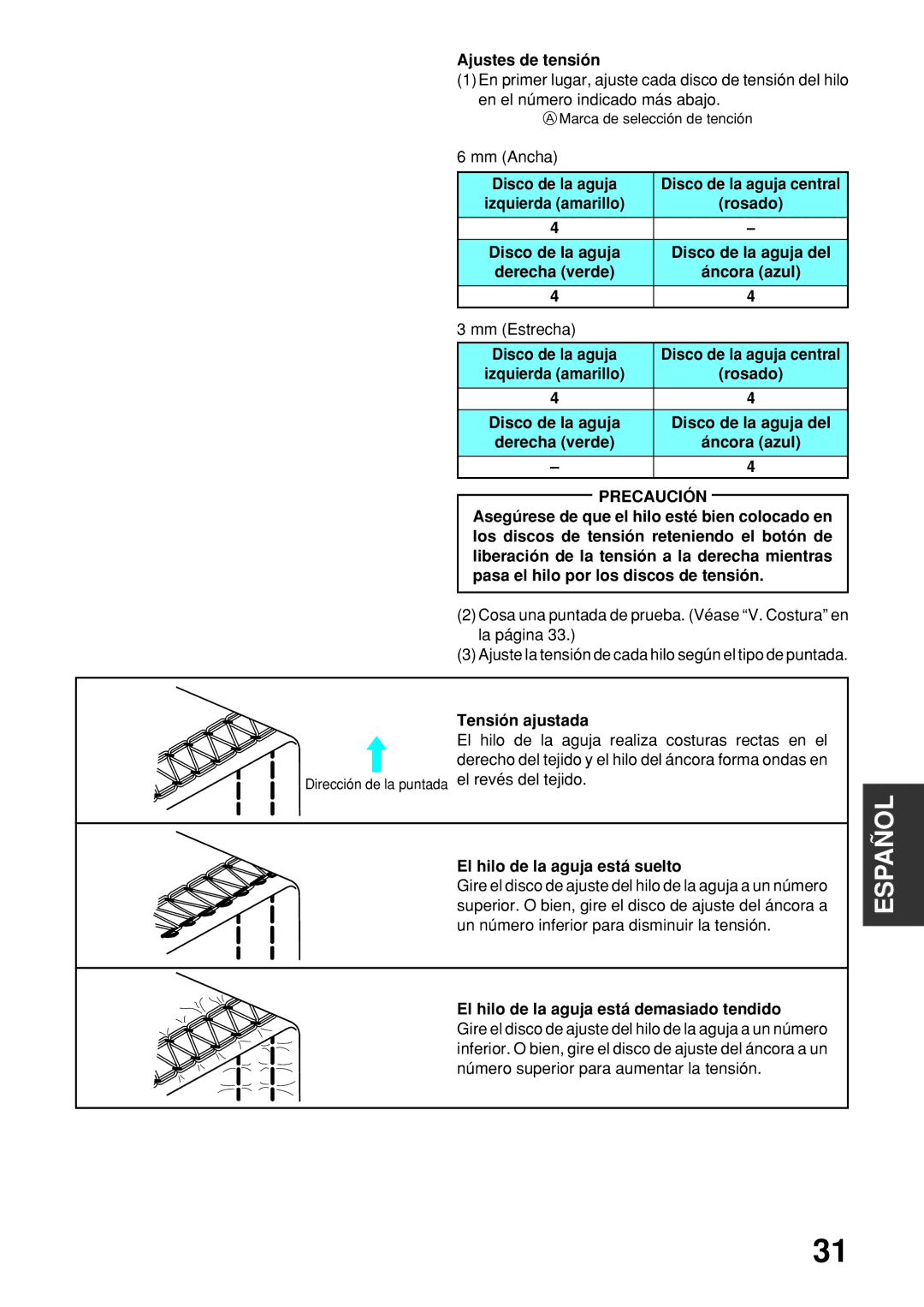 Brother 2340CV operation manual Mm Ancha, Disco de la aguja Disco de la aguja central, Tensión ajustada 