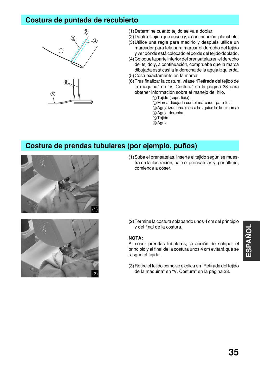 Brother 2340CV operation manual Costura de puntada de recubierto, Costura de prendas tubulares por ejemplo, puños 