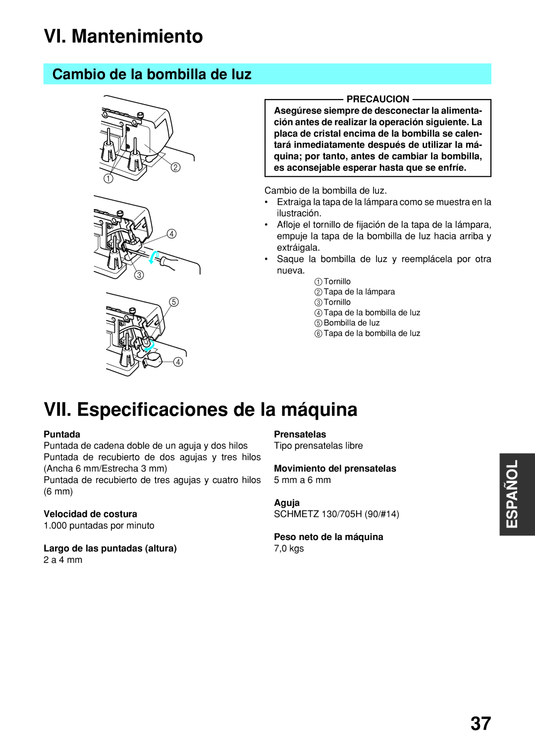 Brother 2340CV operation manual VI. Mantenimiento, VII. Especificaciones de la máquina, Cambio de la bombilla de luz 