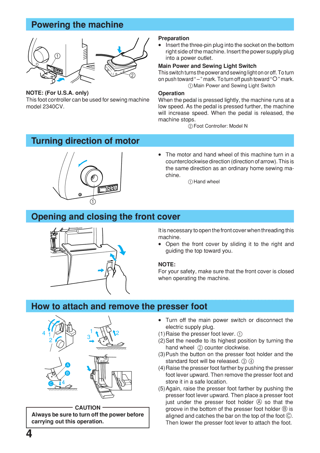 Brother 2340CV operation manual Powering the machine, Turning direction of motor, Opening and closing the front cover 