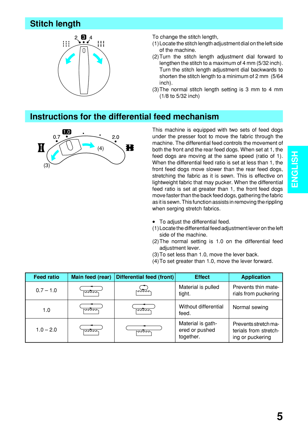 Brother 2340CV operation manual Stitch length, Instructions for the differential feed mechanism 